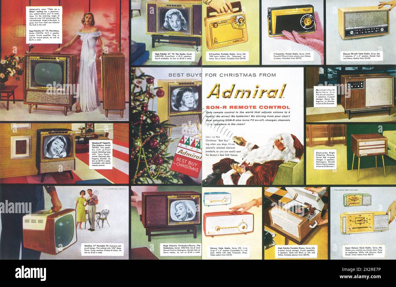 1957 televisori Admiral, radio, annunci per lettori di dischi - i migliori acquisti natalizi da Admiral - Babbo Natale con telecomando Son-R. Foto Stock