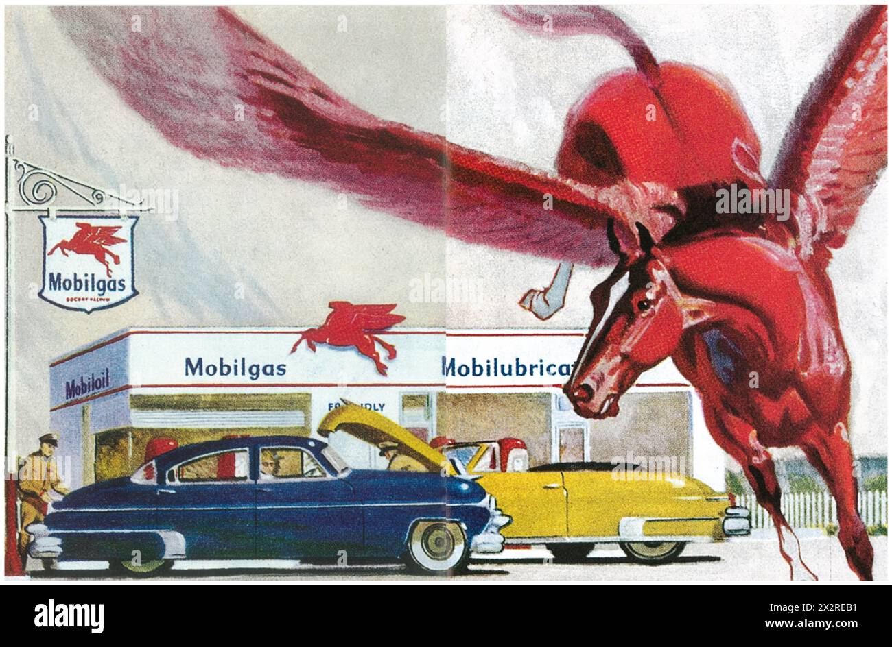 1950 Mobilgas ad Service Station Flying Pegasus Horse - FRAMMENTO Foto Stock