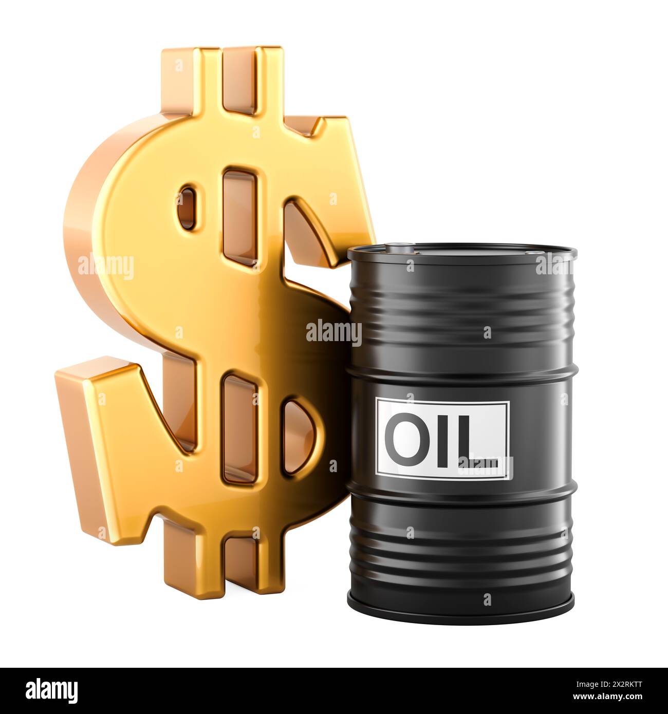 Barile di petrolio con simbolo del dollaro, rendering 3D isolato su sfondo bianco Foto Stock
