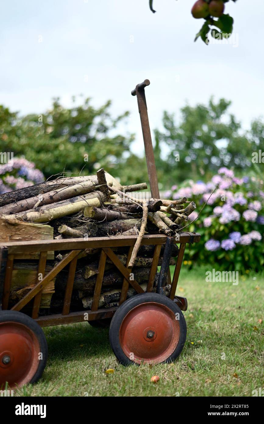 Piccolo carrello di legno pieno di legna da ardere Foto Stock