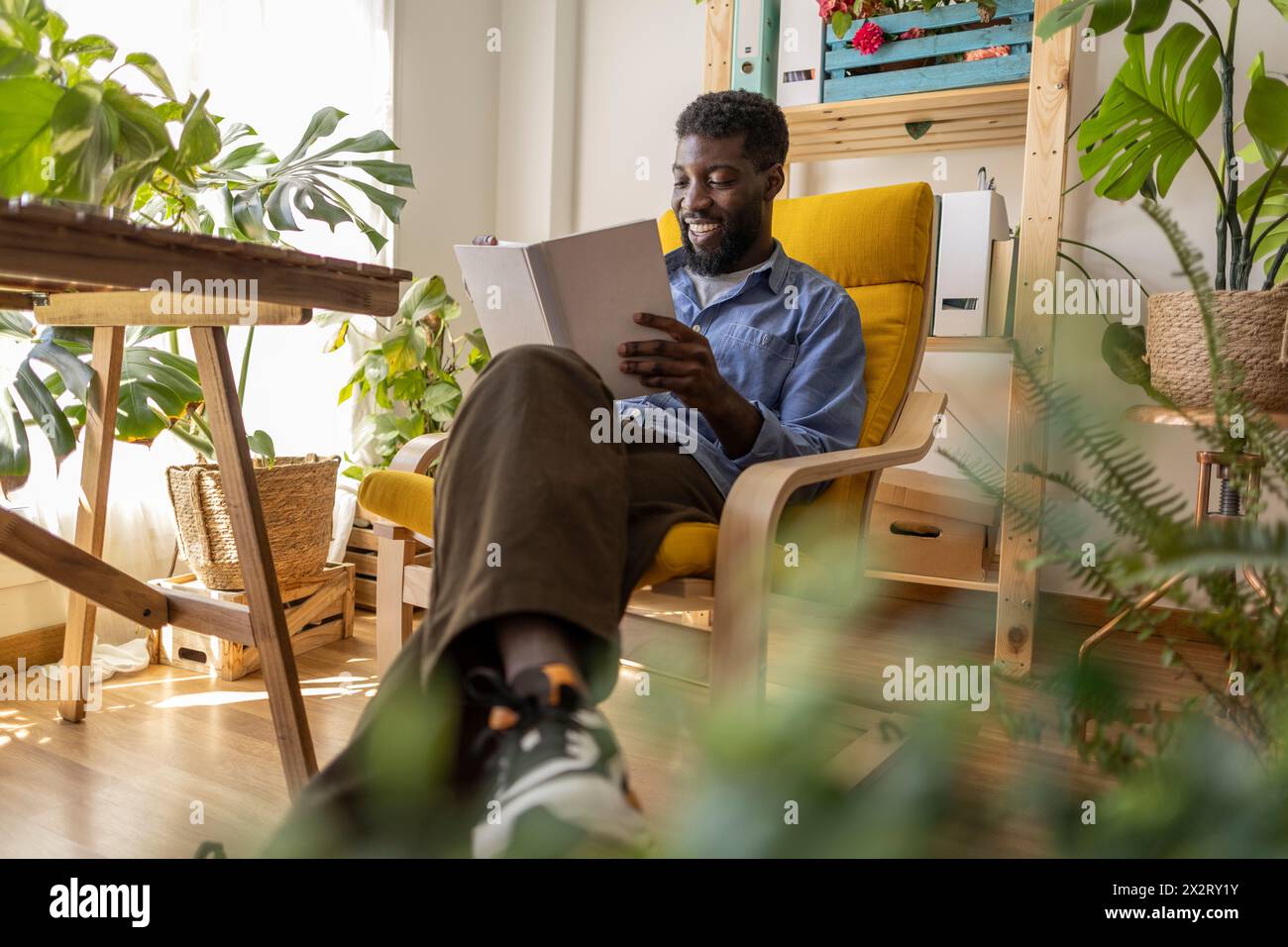 Una persona sorridente che legge un libro sulla poltrona a casa Foto Stock