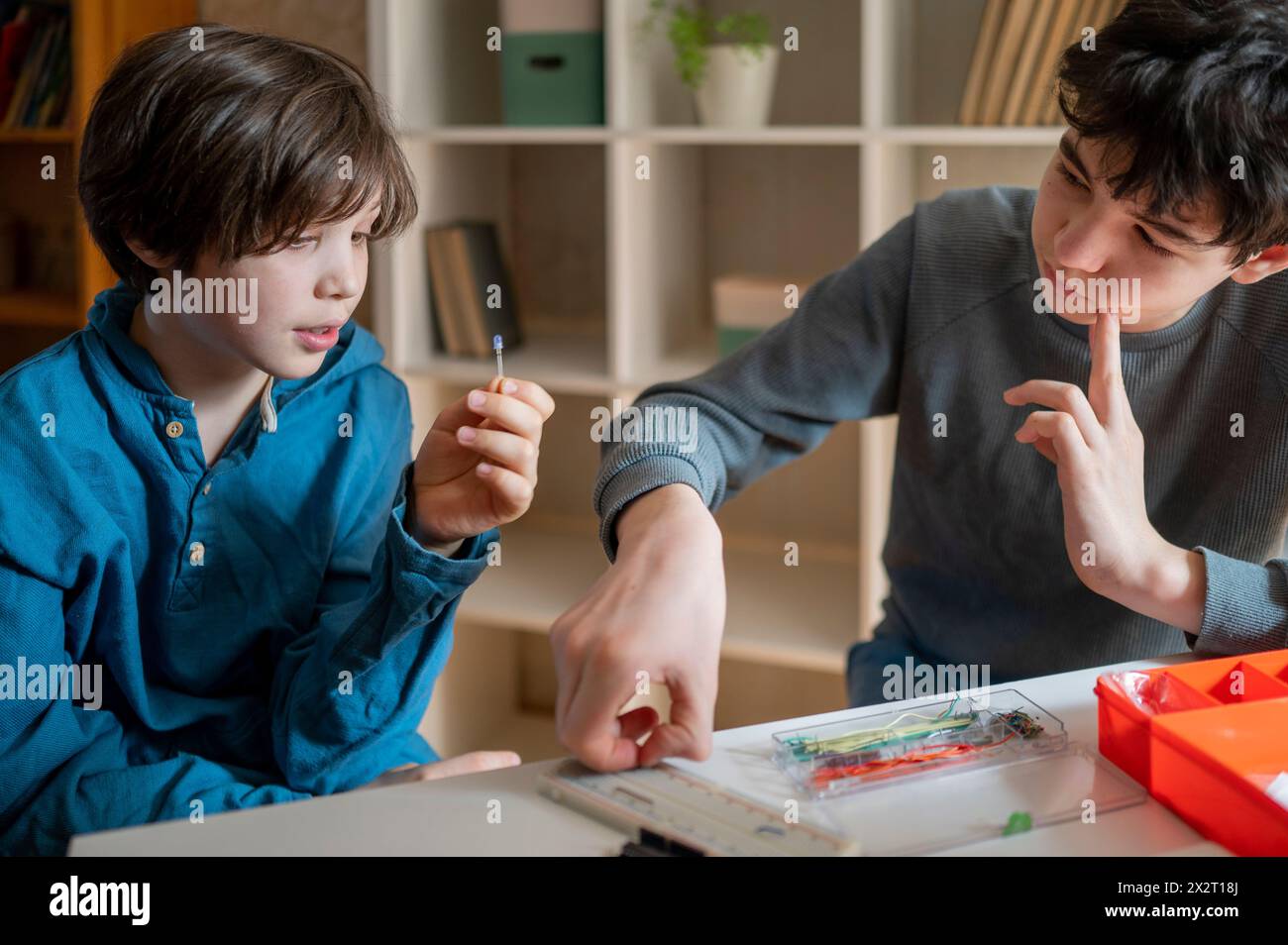 Fratelli che esaminano i componenti elettrici a casa Foto Stock