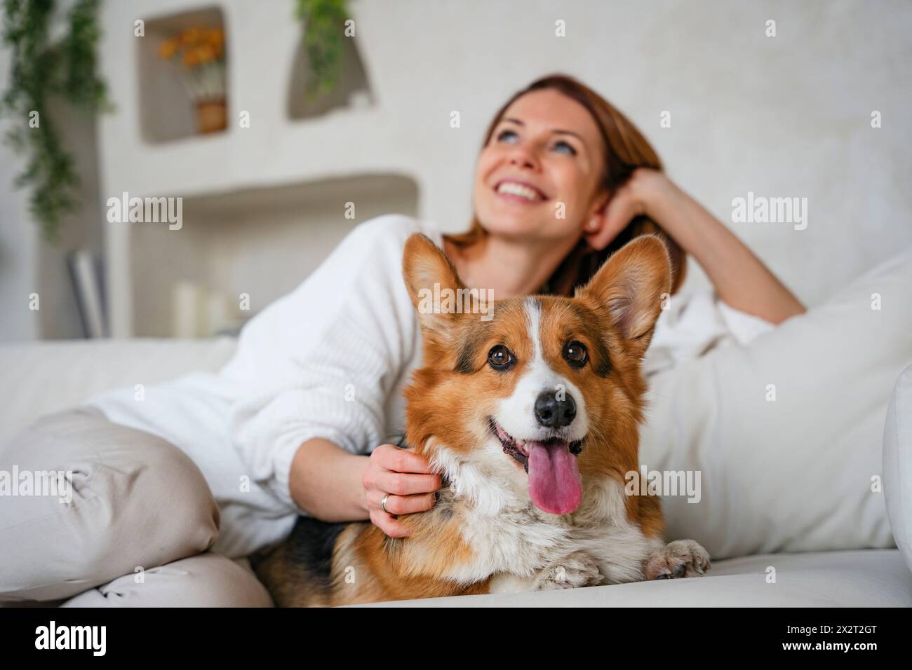 Donna felice seduta con il cane sul divano a casa Foto Stock