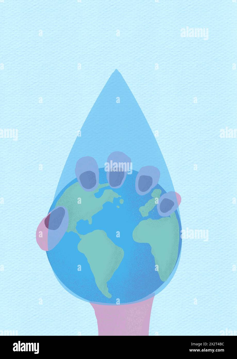 Mano di donna che tiene il pianeta Terra con gocce d'acqua su sfondo blu Foto Stock