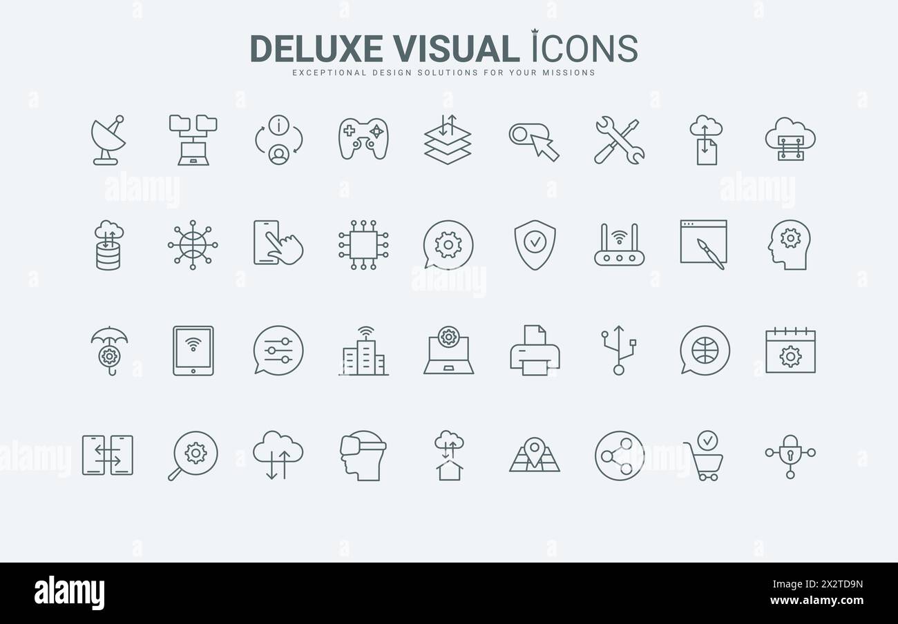 Delineare i servizi web digitali per l'archiviazione e la trasmissione di informazioni, la sincronizzazione del backup e la distribuzione in rete. Le icone sottili di linea nera e rossa della tecnologia dati impostano l'illustrazione vettoriale Illustrazione Vettoriale