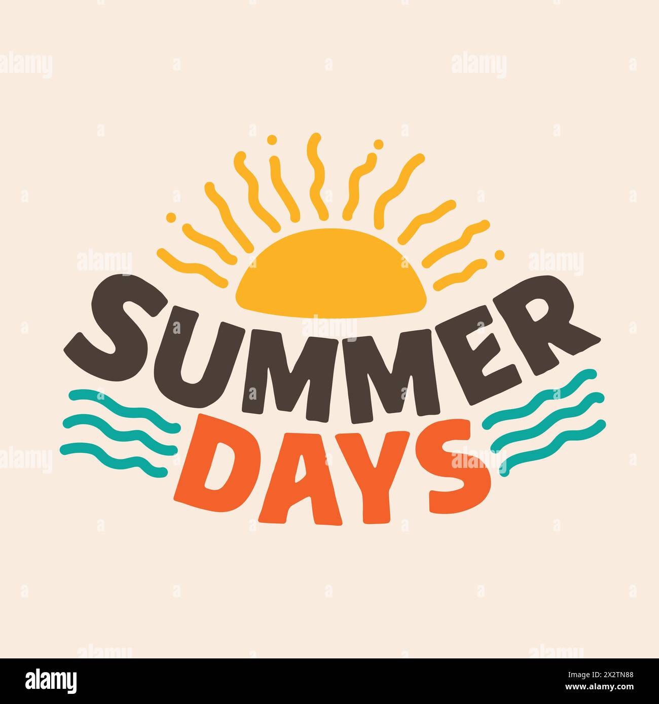 Design con lettere retrò per le giornate estive. L'estate vibra tipografia con illustrazione vettoriale delle onde del sole e della spiaggia. Vecchio design degli anni '60 per festeggiare Illustrazione Vettoriale