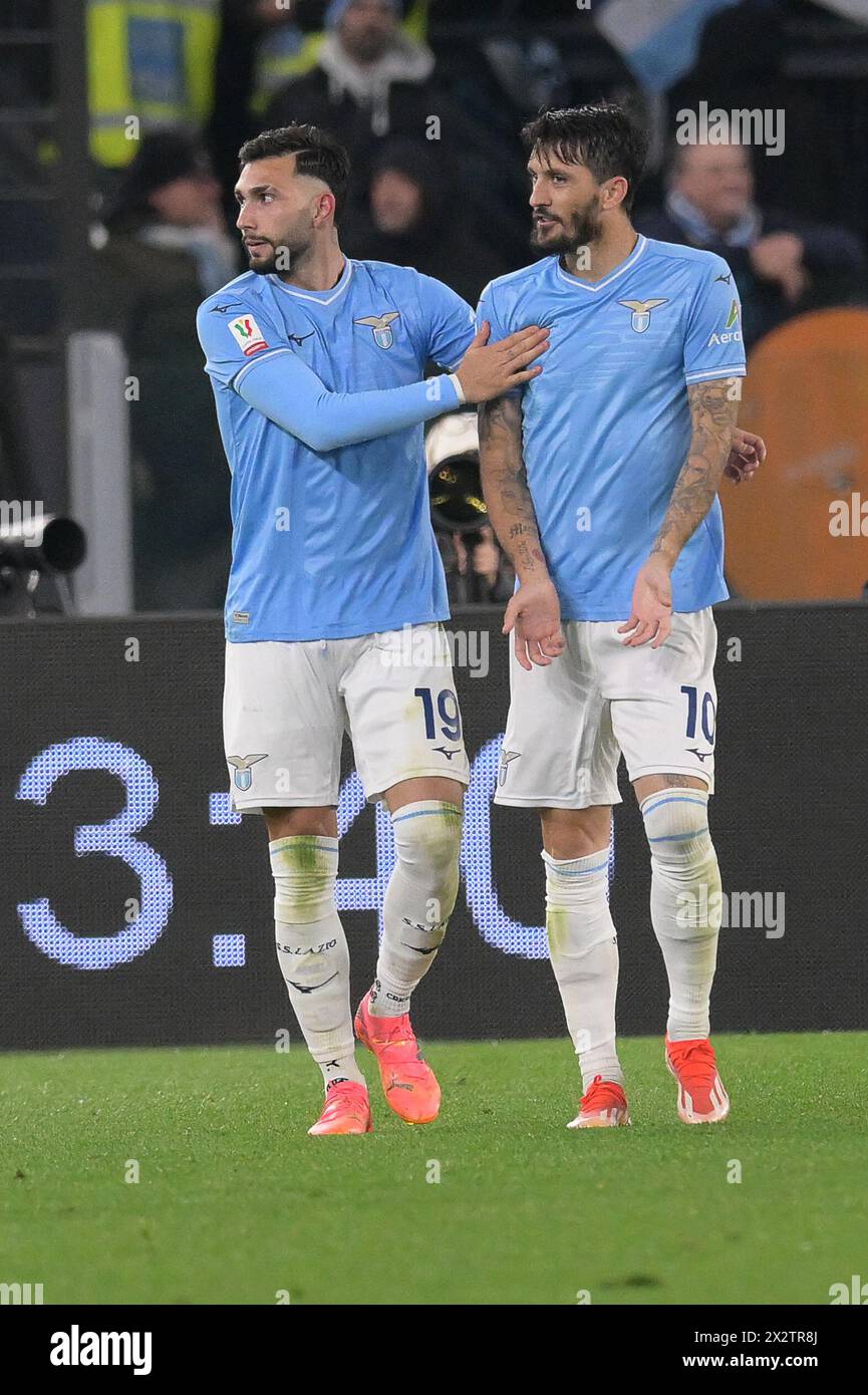 Stadio Olimpico, Roma, Italia. 23 aprile 2024. Coppa Italia semifinale; Lazio contro Juventus; Valentin Castellanos della SS Lazio festeggia dopo aver segnato il gol per 2-0 al 48° minuto crediti: Action Plus Sports/Alamy Live News Foto Stock