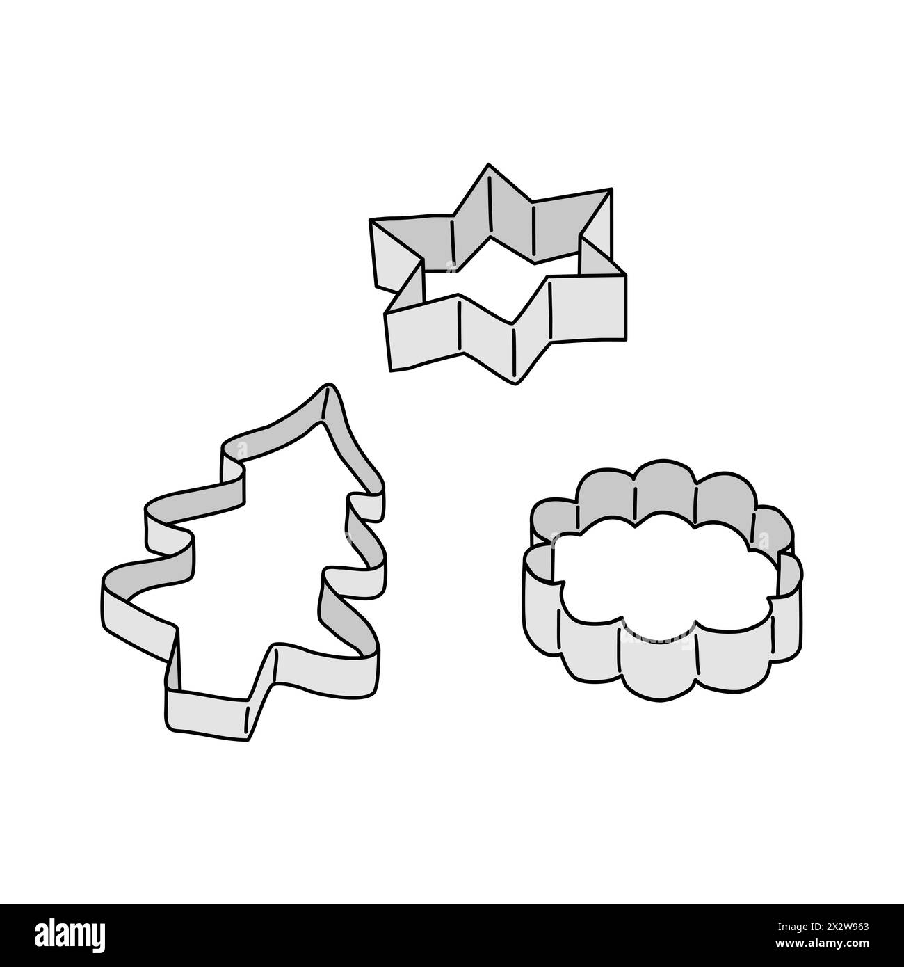 Vista laterale delle frese per biscotti in forme diverse, stella, tonda, albero di Natale, utensili da cucina o da forno, elemento di design della cucina, illustrazione vettoriale stile doodle Illustrazione Vettoriale