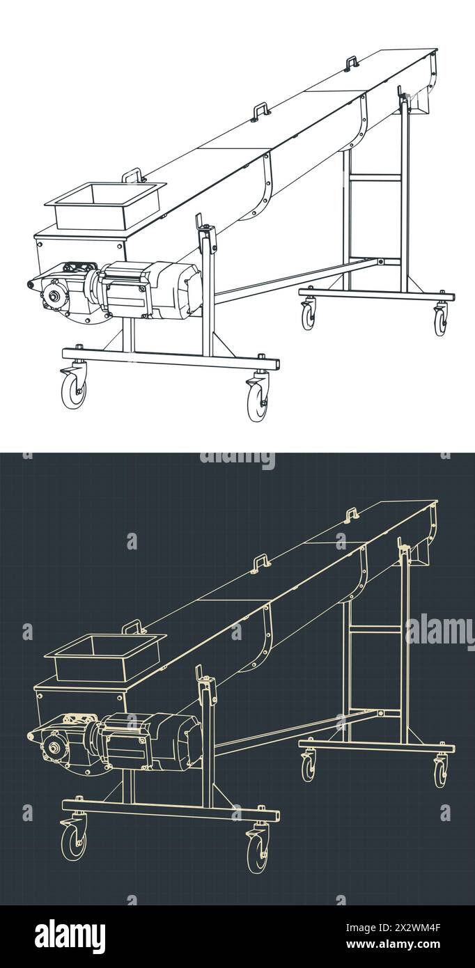 Illustrazioni vettoriali stilizzate di progetti isometrici di un trasportatore a vite mobile Illustrazione Vettoriale