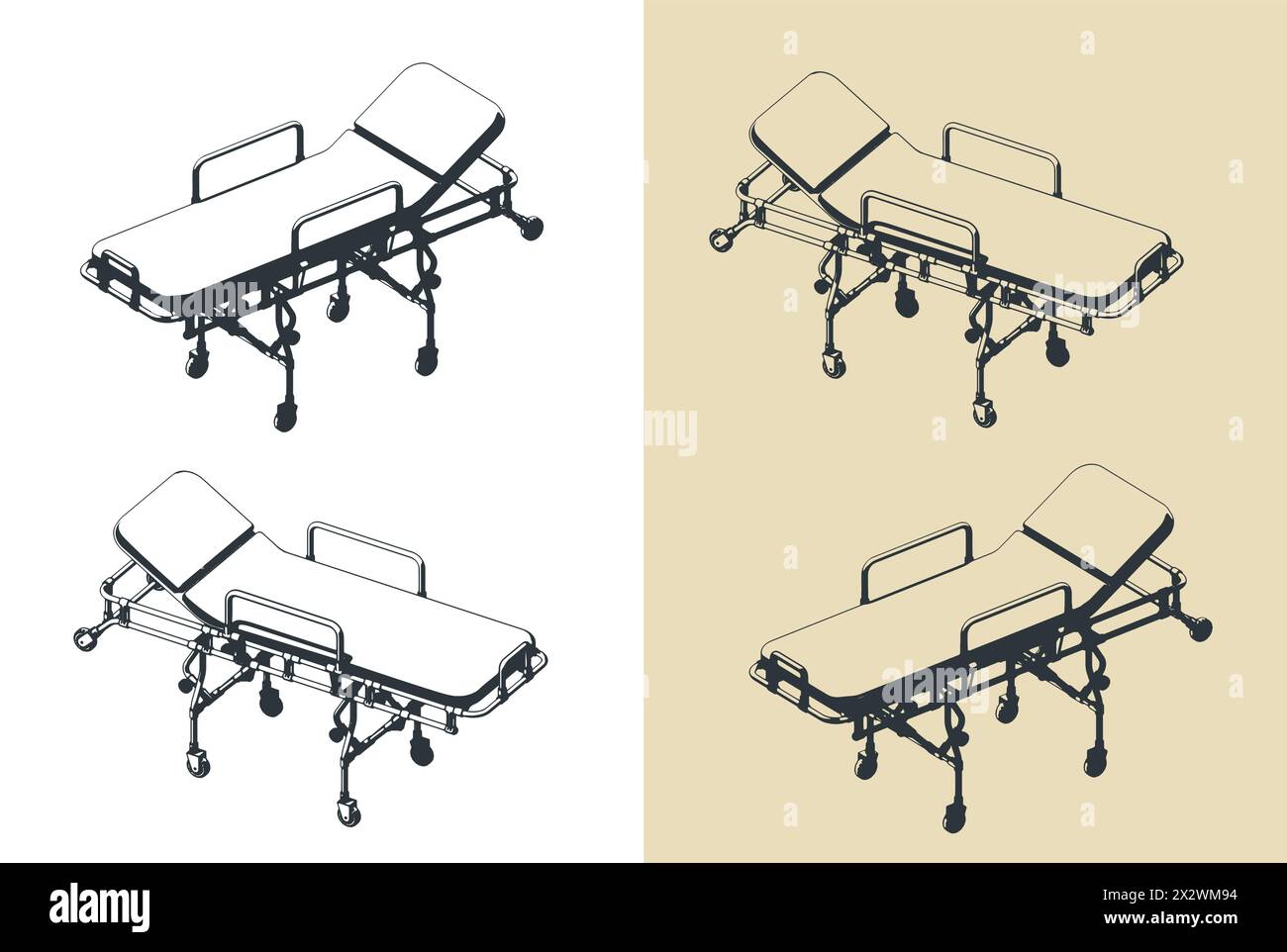 Illustrazioni vettoriali stilizzate di barelle per ambulanze e veicoli di soccorso Illustrazione Vettoriale