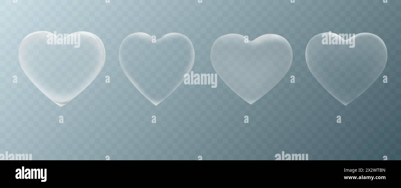 Set di cuori in vetro trasparente e realistici. Illustrazione Vettoriale