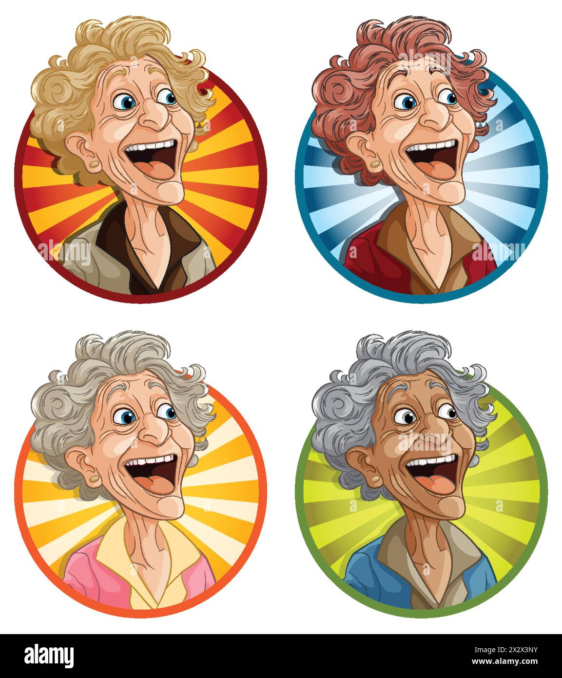 Quattro vivaci ritratti di donne anziane allegre. Illustrazione Vettoriale
