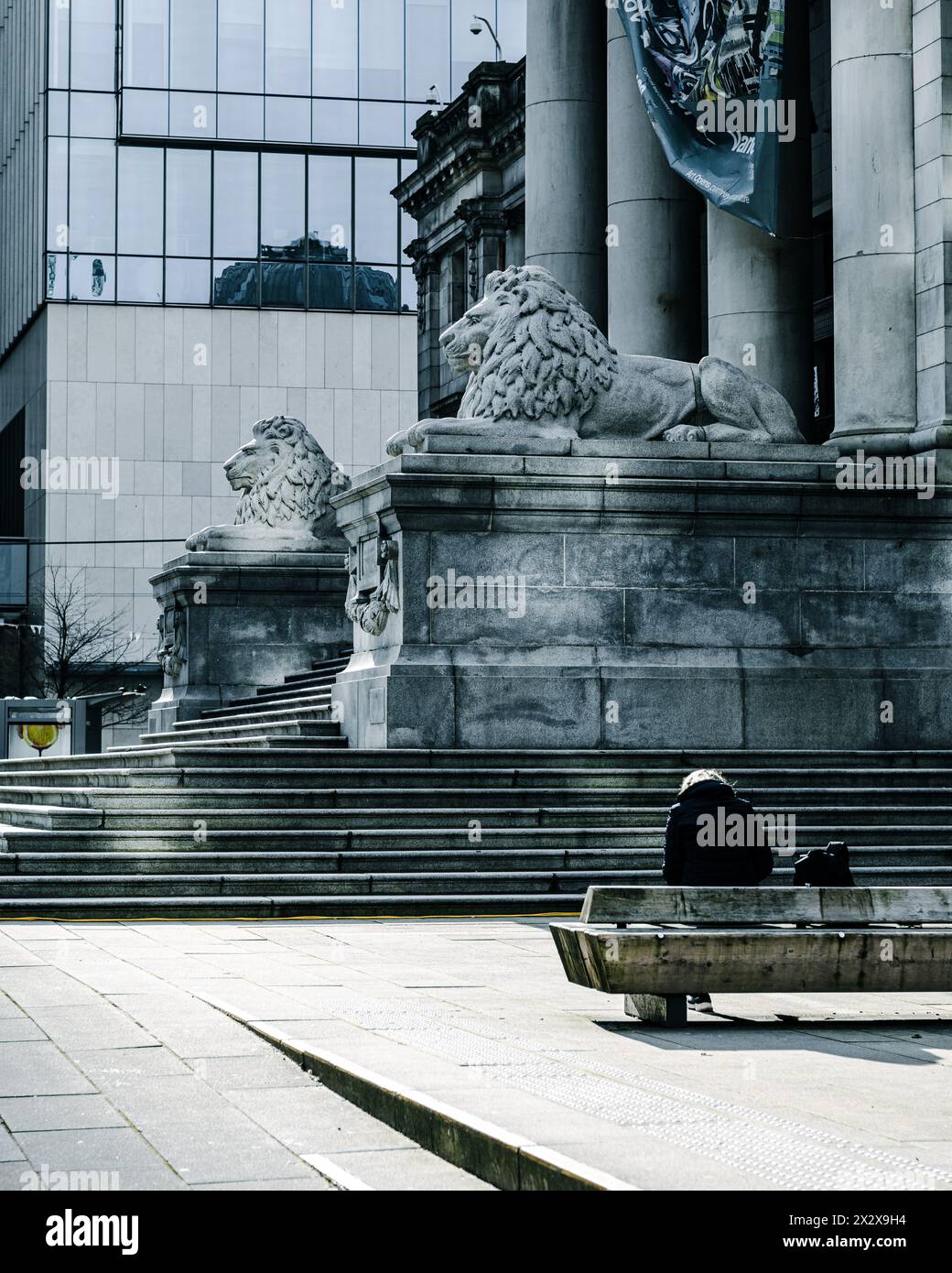 Una persona solitaria seduta su una panchina e che guarda qualcosa in braccio a destra della Vancouver Art Gallery con i suoi gradini e leoni di granito Foto Stock