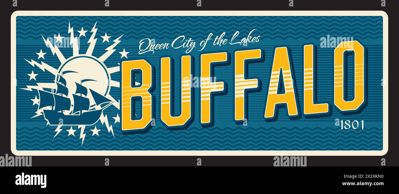 Targa Buffalo american City e adesivo da viaggio USA. Insegna di latta da viaggio americana, adesivo vettoriale della città degli Stati Uniti o cartolina ricordo. Targa degli Stati Uniti con il sigillo della città o il simbolo della bandiera, la nave e la bandiera Illustrazione Vettoriale