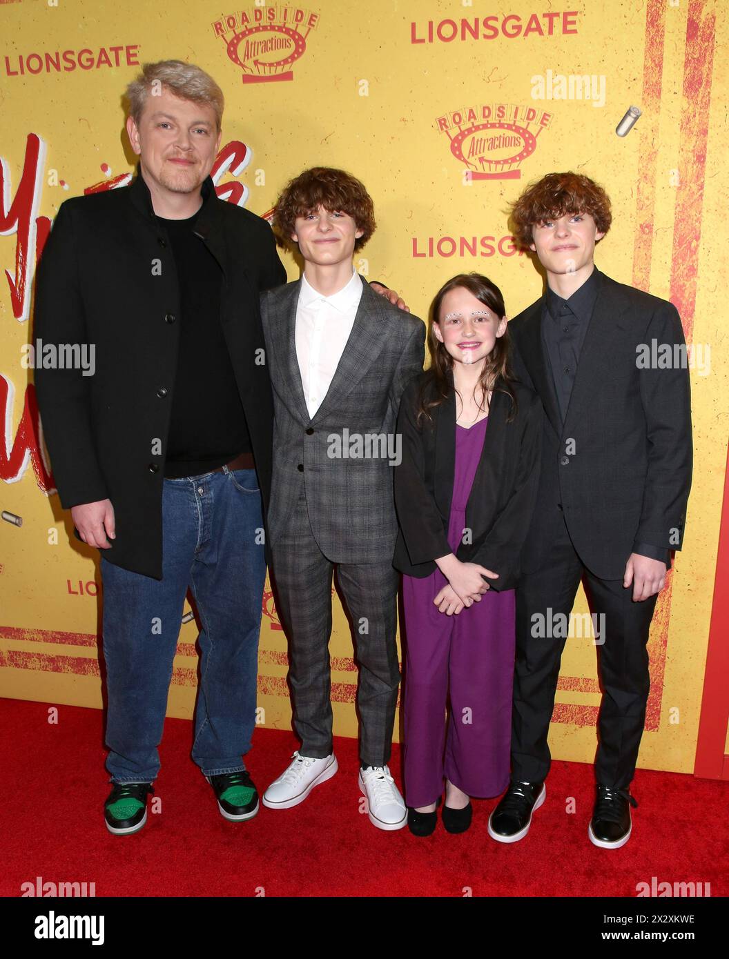 New York, Stati Uniti. 23 aprile 2024. Moritz Mohr, Cameron Crovetti, Quinn Copeland e Nicholas Crovetti hanno partecipato alla prima americana "Boy Kills World" tenutasi al Teatro SVA il 23 aprile 2024 a New York, NY © Steven Bergman/AFF-USA.COM Credit: AFF/Alamy Live News Foto Stock