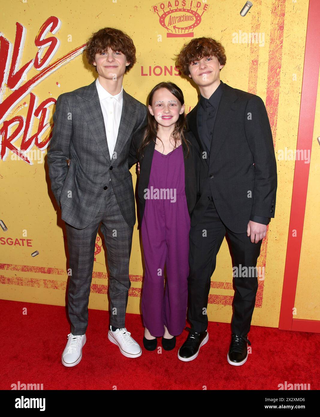 New York, Stati Uniti. 23 aprile 2024. Cameron Crovetti, Quinn Copeland e Nicholas Crovetti hanno partecipato alla prima americana "Boy Kills World" tenutasi al Teatro SVA il 23 aprile 2024 a New York, NY © Steven Bergman/AFF-USA.COM Credit: AFF/Alamy Live News Foto Stock
