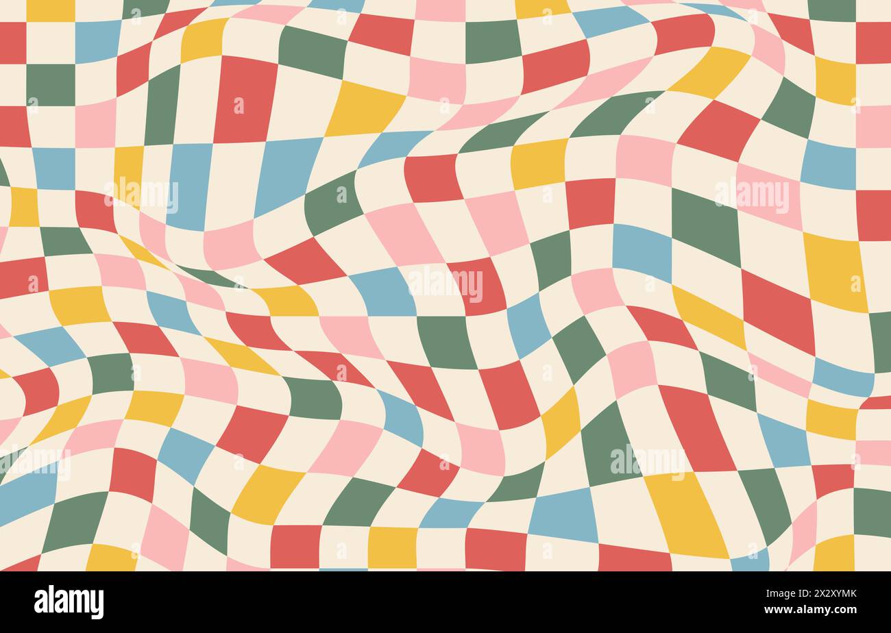 Scacchiera psichedelica. Colorato sfondo hippie Groovy anni '70. Illustrazione vettoriale distorta in stile Y2K Illustrazione Vettoriale