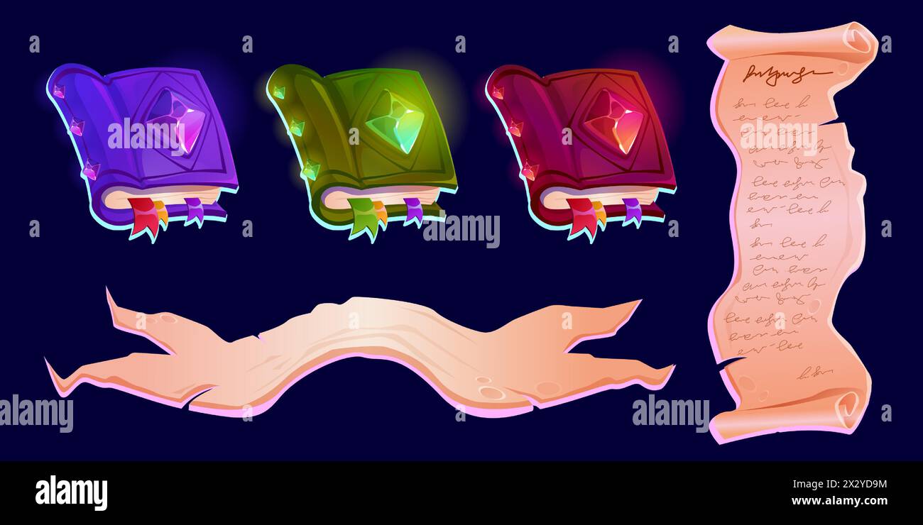 Vecchio libro magico e icona di scorrimento pergamena per l'interfaccia utente di gioco medievale. Antico papiro mago con incantesimo. Oggetto di stregoneria per l'educazione scolastica di alchimia o il messaggio del manoscritto misterioso. Copertina del mito delle fiabe Illustrazione Vettoriale