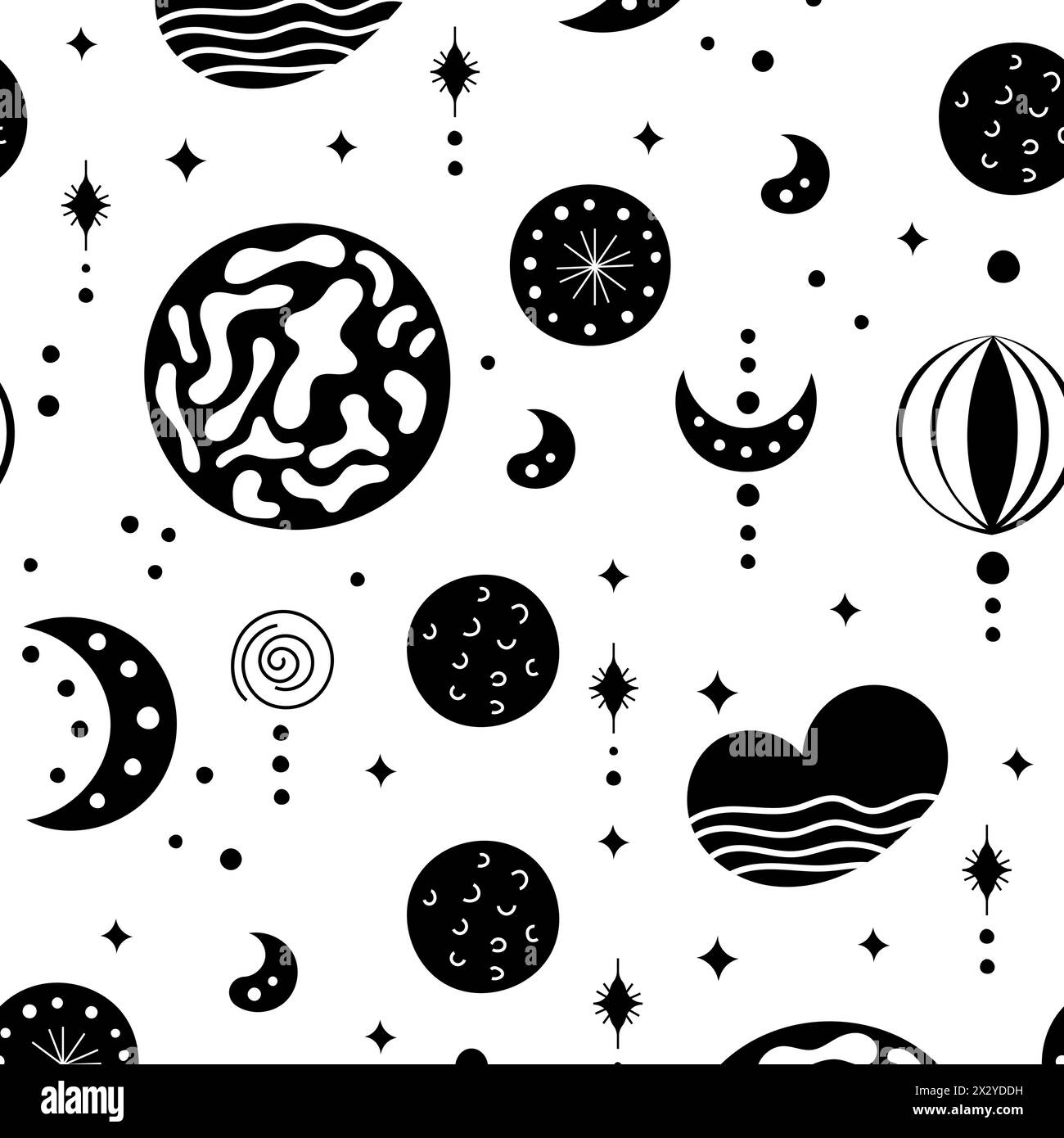 Motivi neo-folk senza cuciture con luna, nuvola, sole e stelle, design celeste bianco e nero. Crea sfondi infiniti in stile neo folk perfetti per Illustrazione Vettoriale