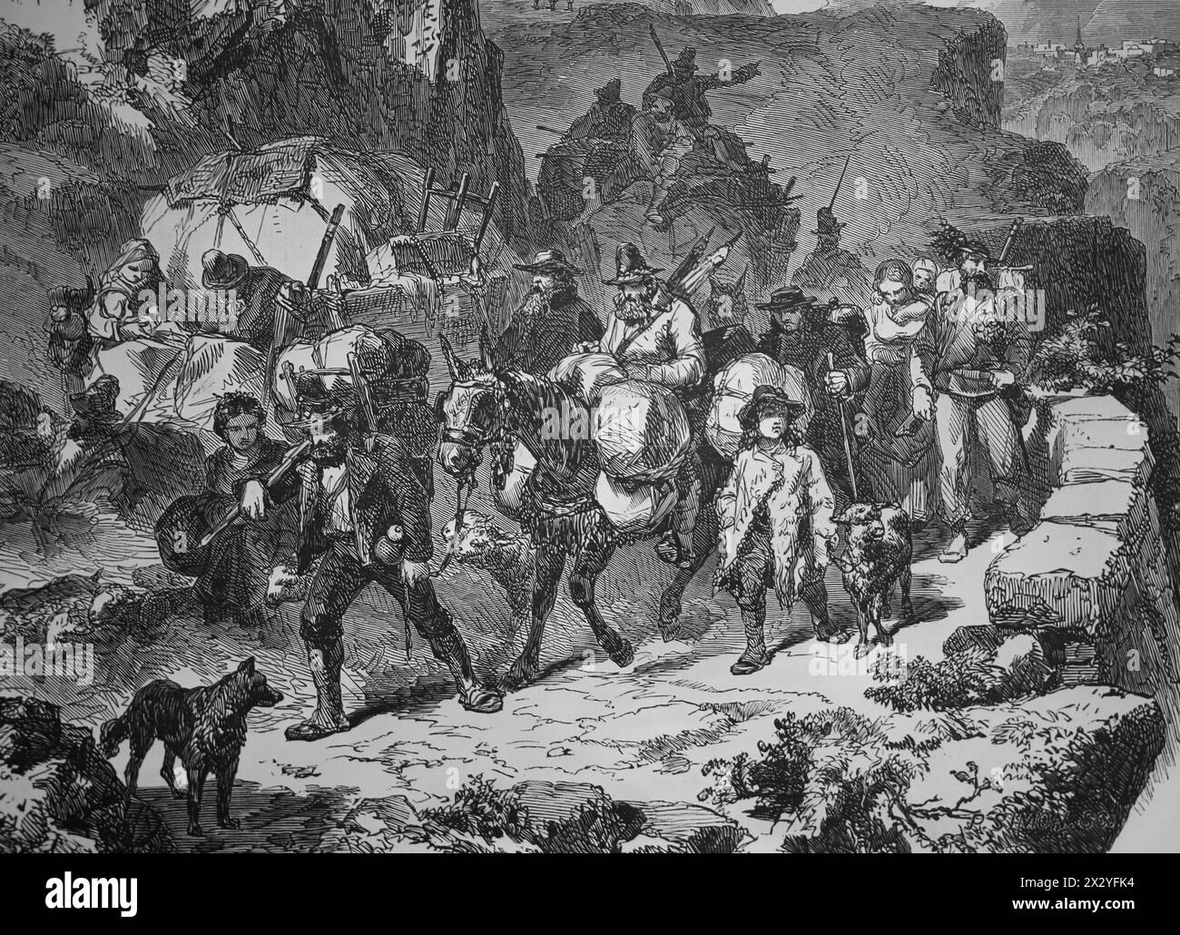 Risorgimento. Invasione del Trentino (1866). Le operazioni di milizia del Regno d'Italia affliggono l'Impero austriaco. La gente con Graribaldi a Trent Foto Stock