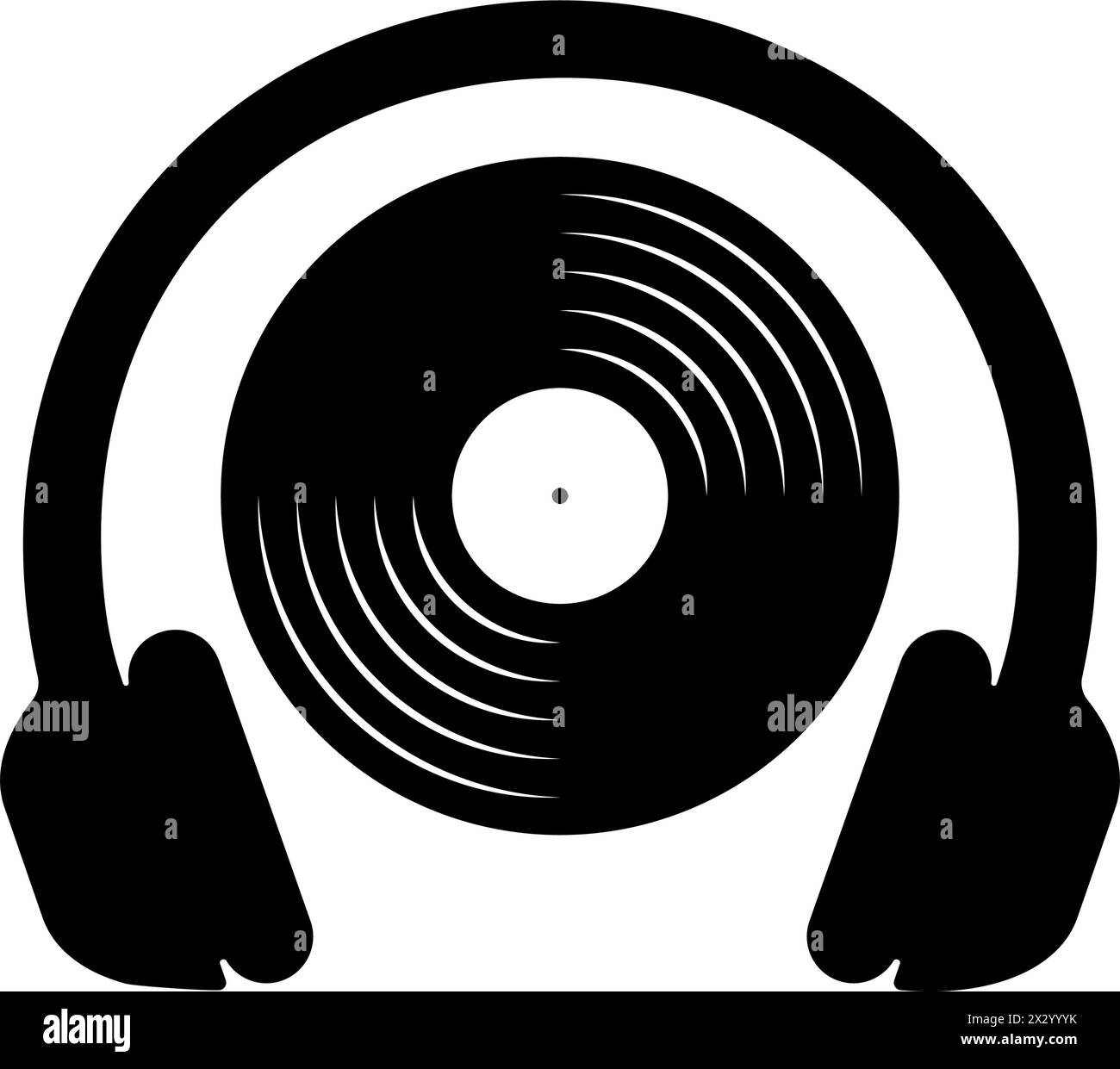 Icona disco in vinile con cuffie. Disco LP giradischi e auricolari isolati su sfondo bianco. Attrezzatura da DJ per night club discoteca. Concetto di ascolto della musica. Illustrazione grafica vettoriale. Illustrazione Vettoriale