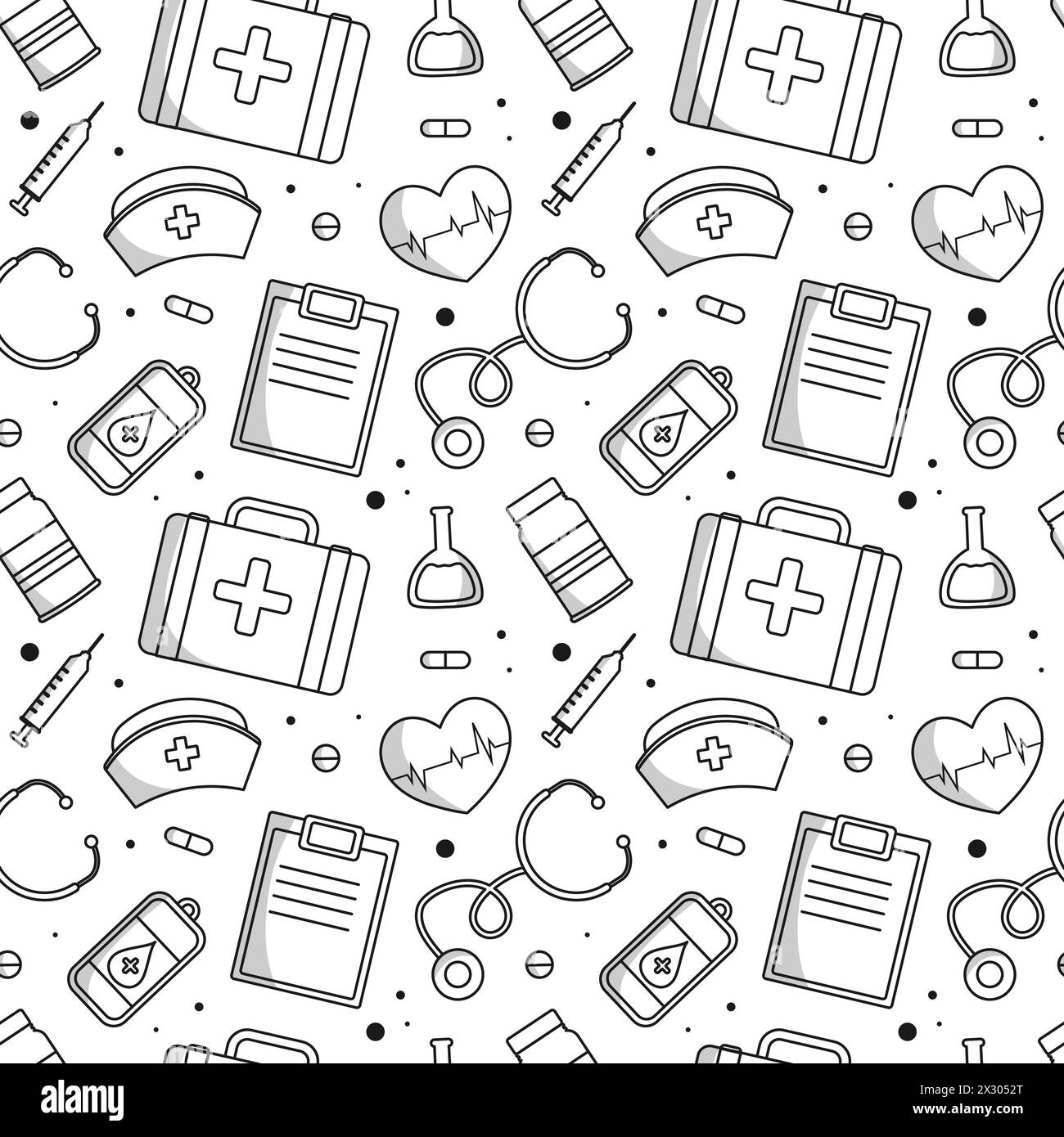 Progettazione senza cuciture del modello di giorno dei medici con le apparecchiature mediche nella figura piatta del cartone disegnato a mano del modello Illustrazione Vettoriale