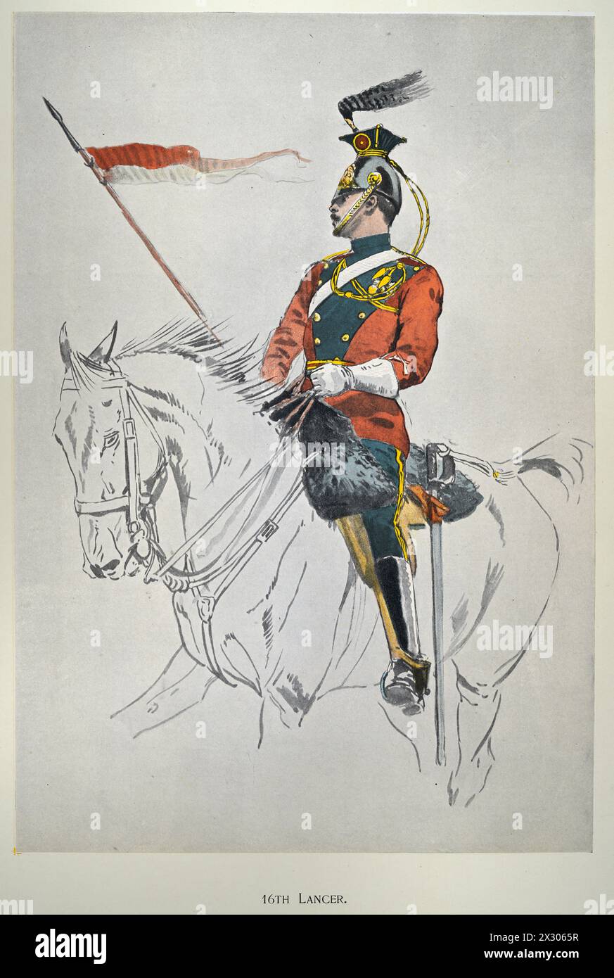 British Army Military Uniforms, Soldier 16th the Queen's Lancers, reggimento di cavalleria, 1900, LIBRO SOUVENIR - ROYAL NAVAL & MILITARY BAZAAR GIUGNO 1900, JOH Foto Stock
