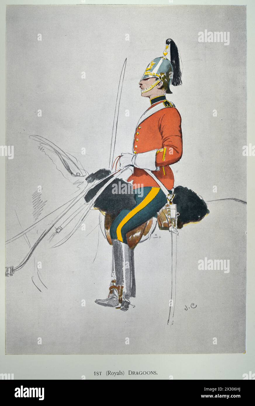 British Army Military Uniforms, soldato 1st the Royal Dragoons, reggimento di cavalleria, 1900, LIBRO SOUVENIR - ROYAL NAVAL & MILITARY BAZAAR GIUGNO 1900, JOHN Foto Stock