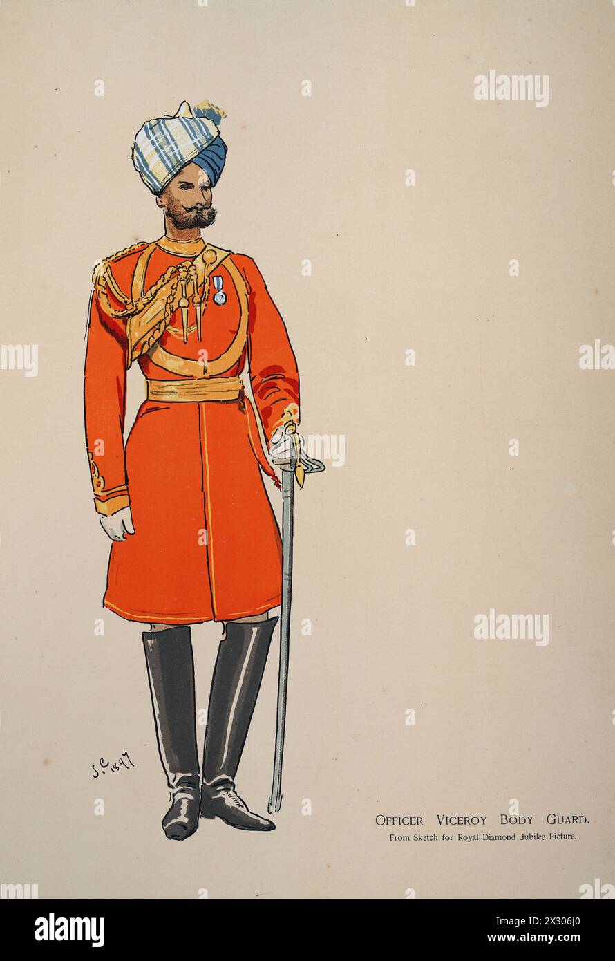 British Empire Military Uniforms, Soldier British Indian Army, Officer Viceroy Body Guard, 1900, LIBRO SOUVENIR - ROYAL NAVAL & MILITARY BAZAAR 19 GIUGNO Foto Stock