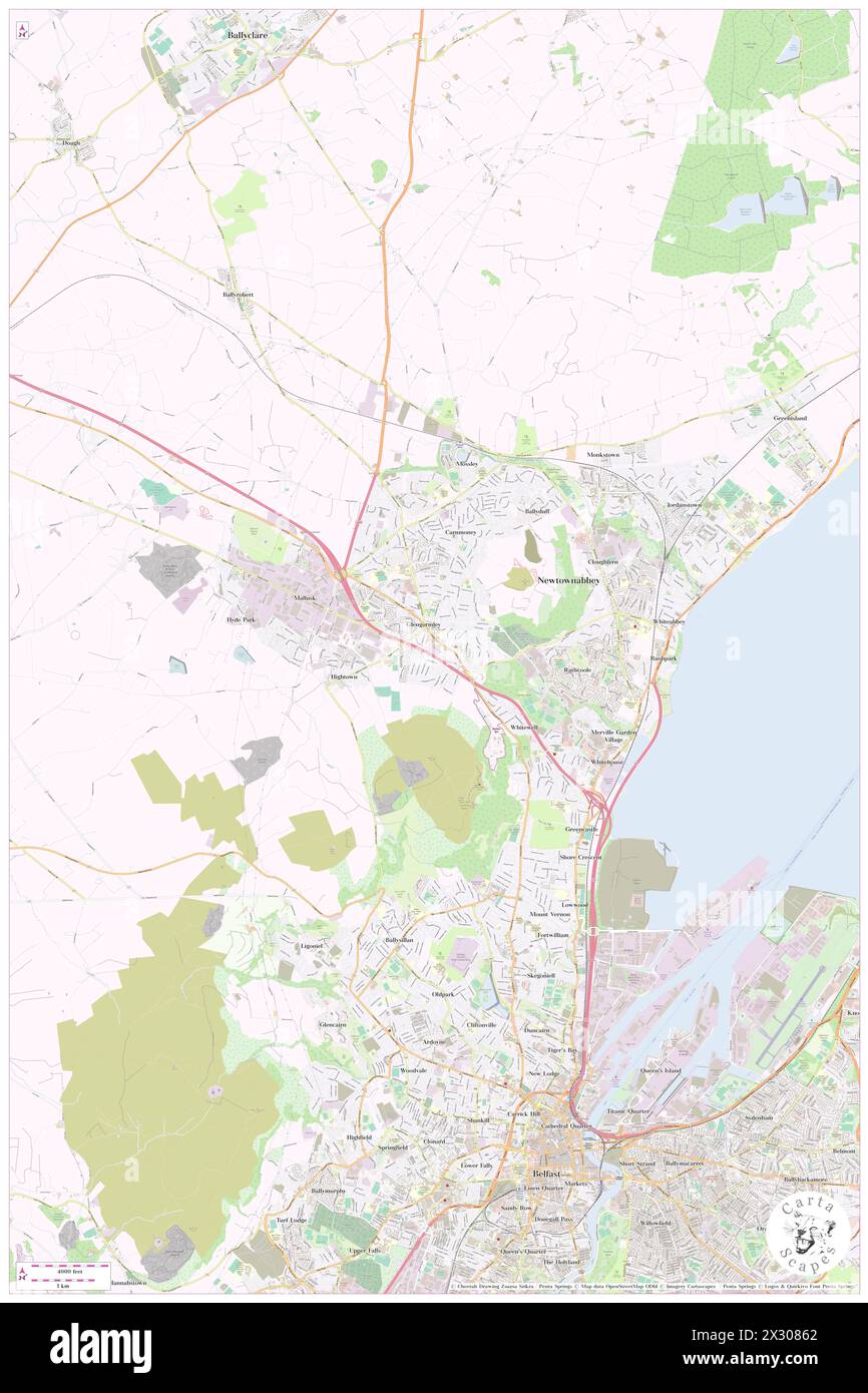 Glengormley, Antrim e Newtownabbey, GB, Regno Unito, Irlanda del Nord, N 54 40' 53'', S 5 58' 4'', MAP, Cartascapes Map pubblicata nel 2024. Esplora Cartascapes, una mappa che rivela i diversi paesaggi, culture ed ecosistemi della Terra. Viaggia attraverso il tempo e lo spazio, scoprendo l'interconnessione del passato, del presente e del futuro del nostro pianeta. Foto Stock