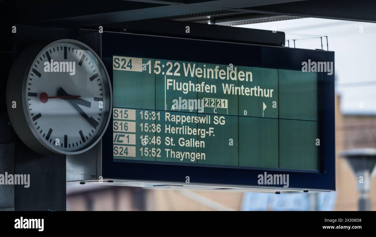 Zürich, Schweiz - 11. Gennaio 2021: Anzeigetafel am Bahnof Zürich-Oerlikon. Nächster Zug ist die S-Bahn 24 (S24) nach Weinfelden Foto Stock