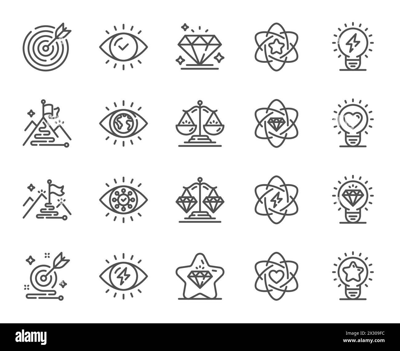 Icone di missione, visione, linea valori. Strategia aziendale, obiettivo e diamanti. Vettore Illustrazione Vettoriale