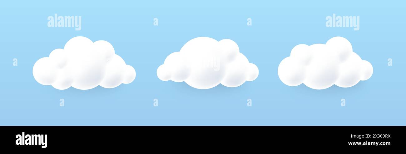 Nuvole 3d bianche su sfondo blu. Morbido cartone animato rotondo cielo soffice e nuvoloso. Icona a forma di nuvola nel cielo blu. Vettore Illustrazione Vettoriale