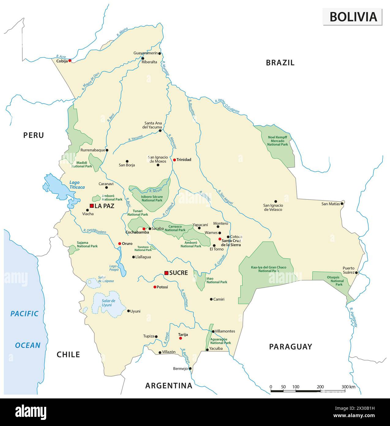 Mappa vettoriale dei parchi nazionali in Bolivia Foto Stock