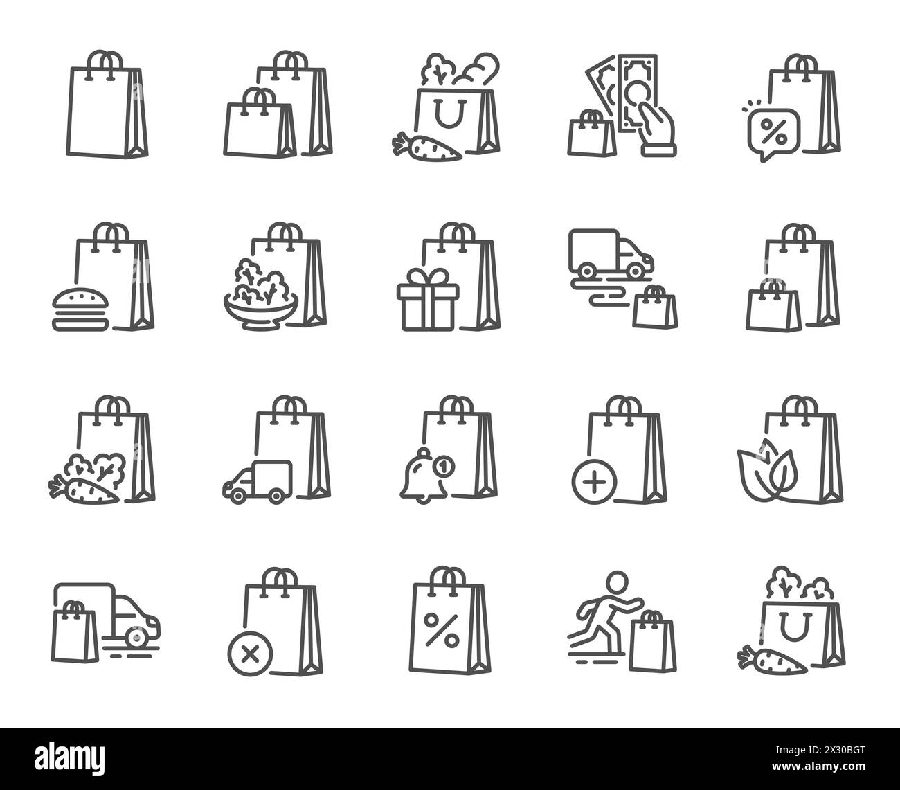 Icone della linea shopping bag. Confezione regalo, consegna di cibo e confezione di borse in offerta. Vettore Illustrazione Vettoriale