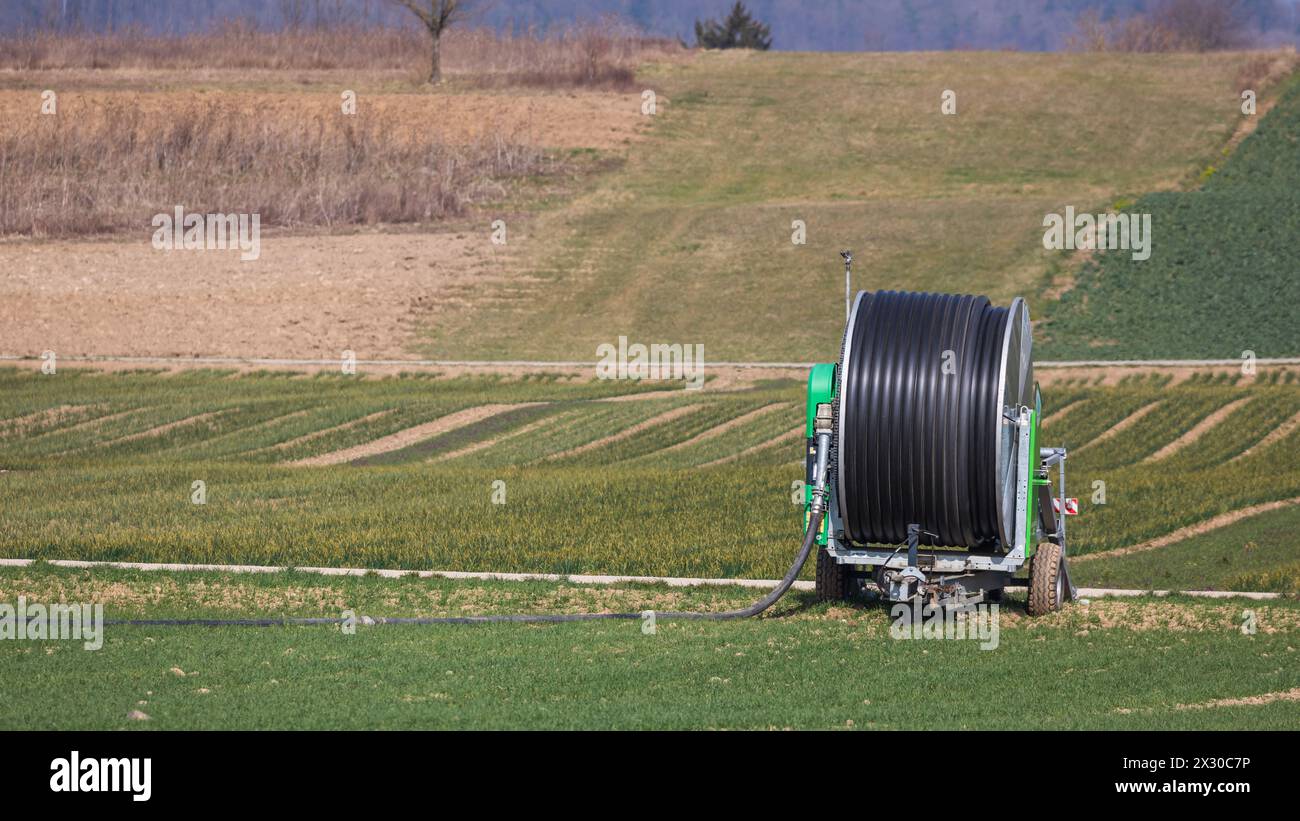 Oberglatt, Schweiz - 21. März 2022: Seit Wochen Hat es in der Schweiz nicht mehr geregnet. Die Bewässerungsanlagen kommen bereits zum Frühlingsbeginn Foto Stock