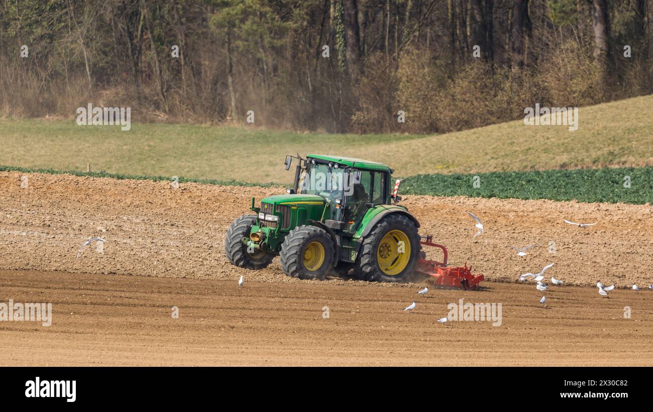 Oberglatt, Schweiz - 21. März 2022: Ein Landwirt arbeitet mit seinem Traktor auf einem Feld. Der Anbau ist besonders wichtig, die Vögel freut es. Foto Stock