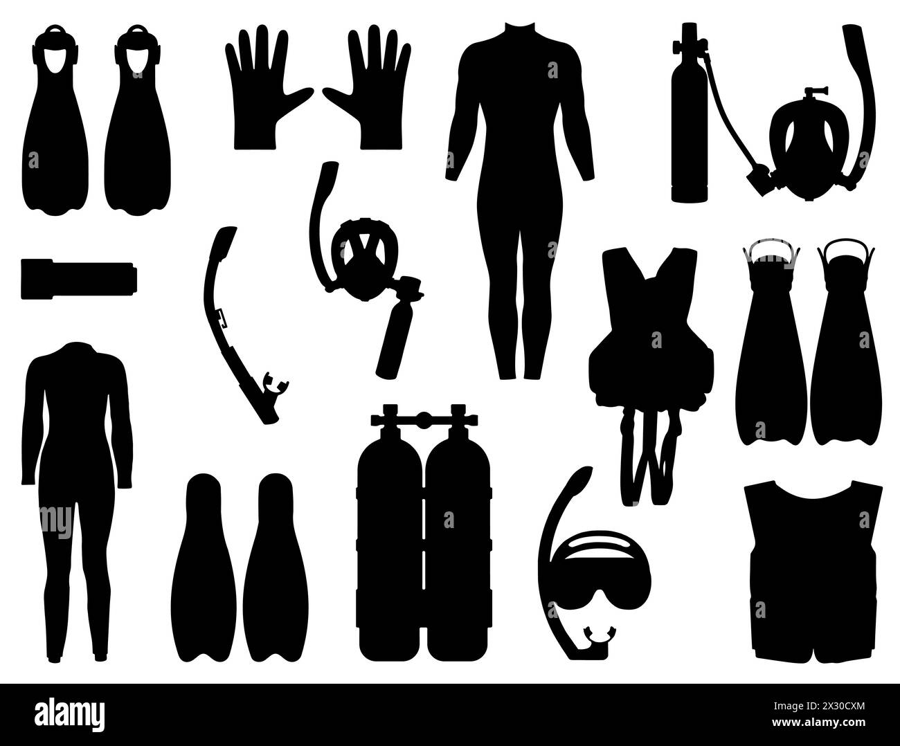 Attrezzatura per immersioni da snorkeling silhouette vettoriale Illustrazione Vettoriale