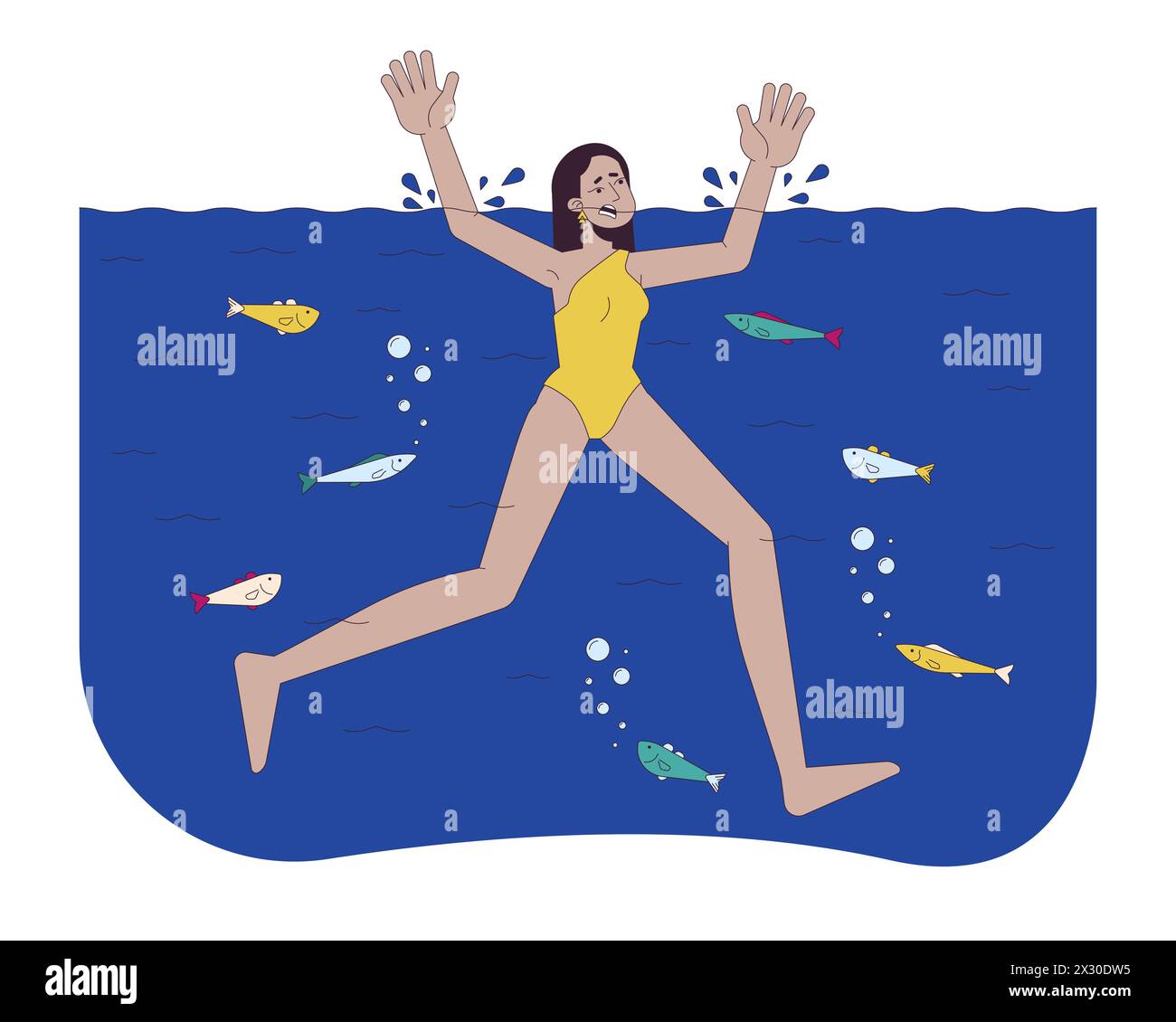 Donna araba annegata in un cartone animato di linea del fiume illustrazione piatta Illustrazione Vettoriale