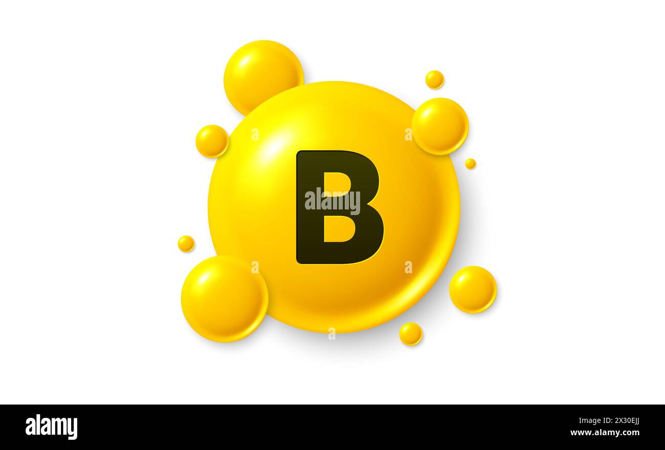 Icona della capsula di pillola brillante della vitamina B. Goccia di sostanza dorata brillante. Nutrizione medica per la salute. Vettore Illustrazione Vettoriale