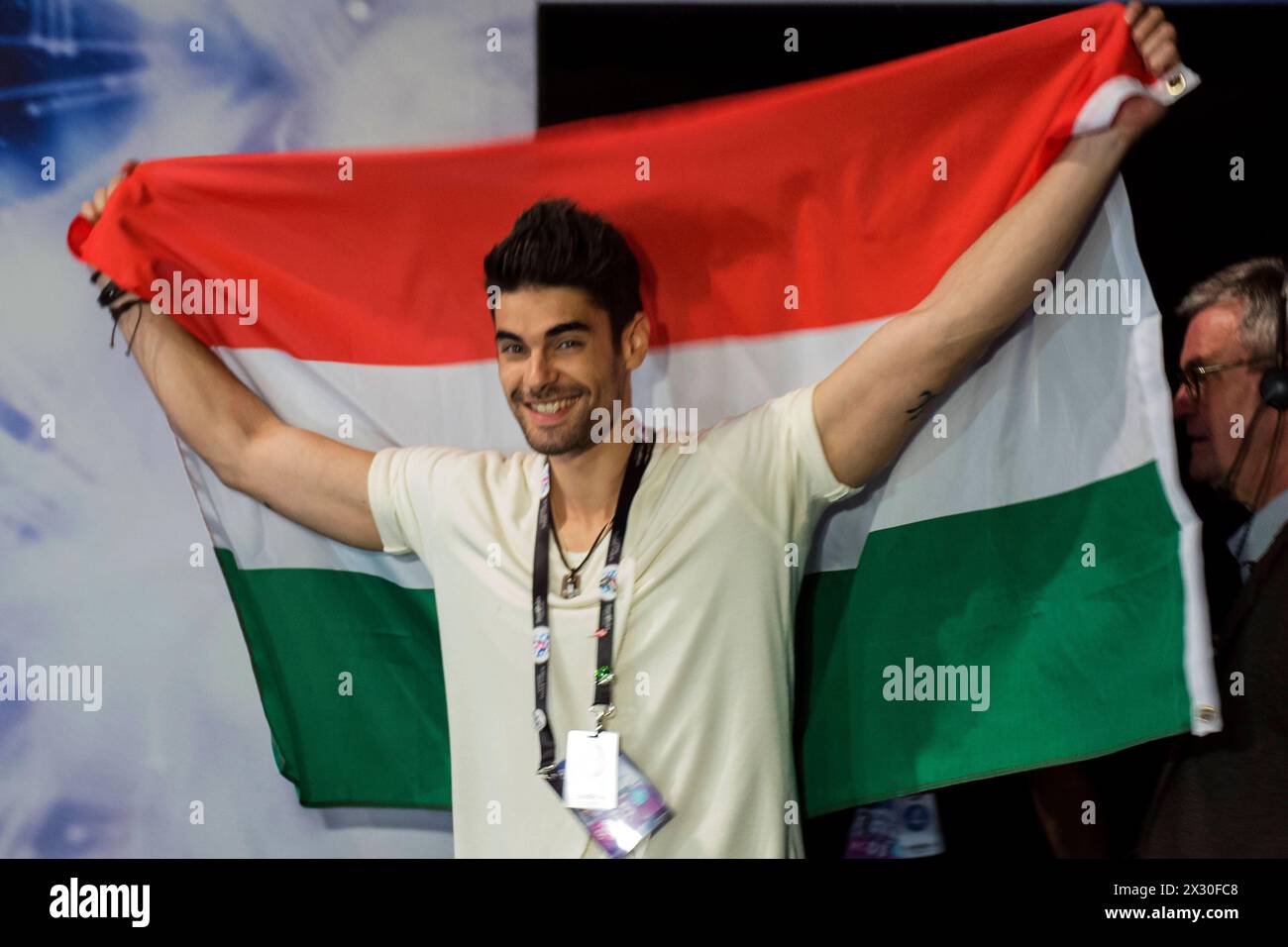 ESC 2016: Die 10 Sieger des ersten semi finales Stockholm, Schweden. 10) mai 2016. Freddie wird mit Pioneer für Ungarn ins finale einziehen Stockholm Globe Arena Sweden *** ESC 2016 i 10 vincitori della prima semifinale Stoccolma, Svezia 10 maggio 2016 Freddie entrerà in finale per l'Ungheria con Pioneer Stockholm Globe Arena Sweden Foto Stock
