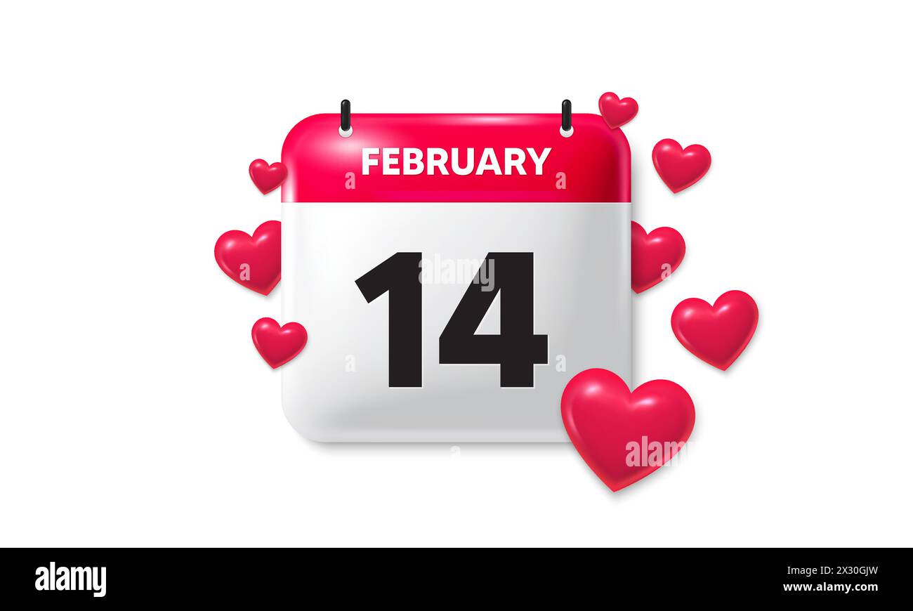 Calendario cartaceo di San Valentino, promemoria 14 febbraio. Icona 3d degli amanti del calendario. Appuntamento romantico per eventi. Vettore Illustrazione Vettoriale