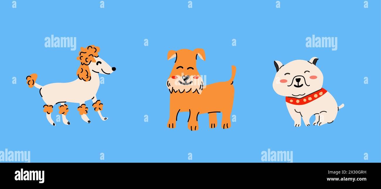 Set di cani diversi, simpatici personaggi dei cartoni animati dei cuccioli Illustrazione Vettoriale