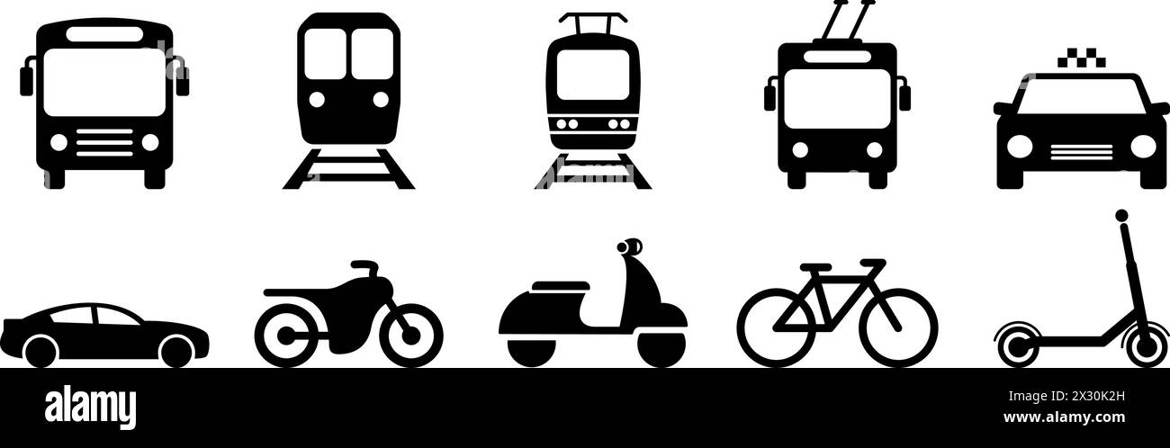 Autobus, tram, filobus, metropolitana, scooter, icone di ciclomotori, biciclette e auto piatte come simboli del trasporto cittadino Illustrazione Vettoriale