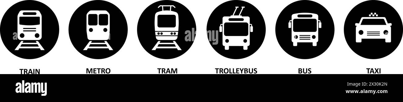 Le icone di autobus, tram, filobus, metropolitana, treno e auto sono simboli del trasporto di passeggeri in città Illustrazione Vettoriale