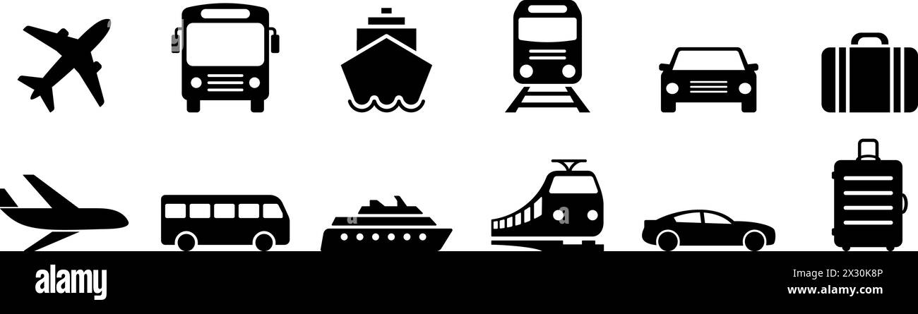 Icone piatte di aerei, aerei, autobus, navi, treni e auto come simboli del trasporto di viaggio Illustrazione Vettoriale