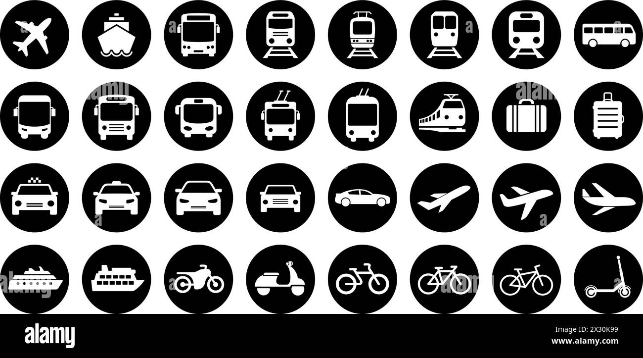 Autobus, tram, filobus, metropolitana, treno, icone di navi, biciclette e auto come simboli di trasporto Illustrazione Vettoriale