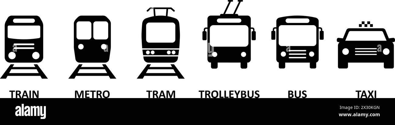 Autobus, tram, filobus, metropolitana, treno e taxi, icone come simboli del trasporto di passeggeri in città Illustrazione Vettoriale