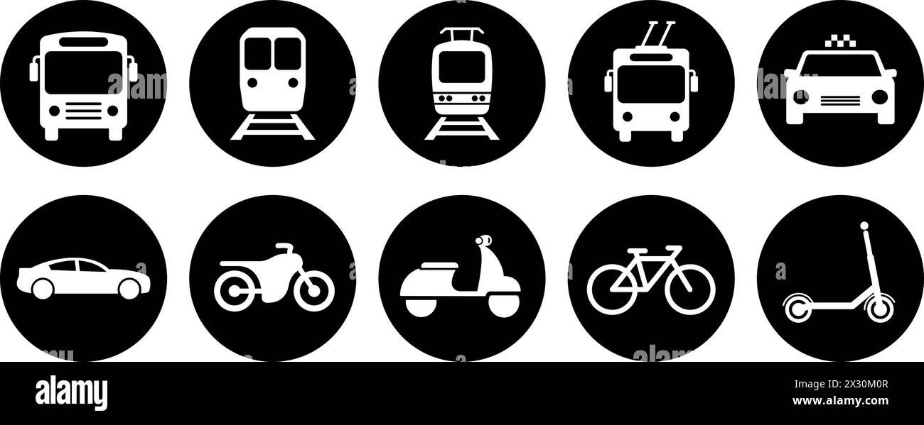 Autobus, tram, filobus, metropolitana, scooter, icone di ciclomotori, biciclette e auto come simboli del trasporto cittadino Illustrazione Vettoriale