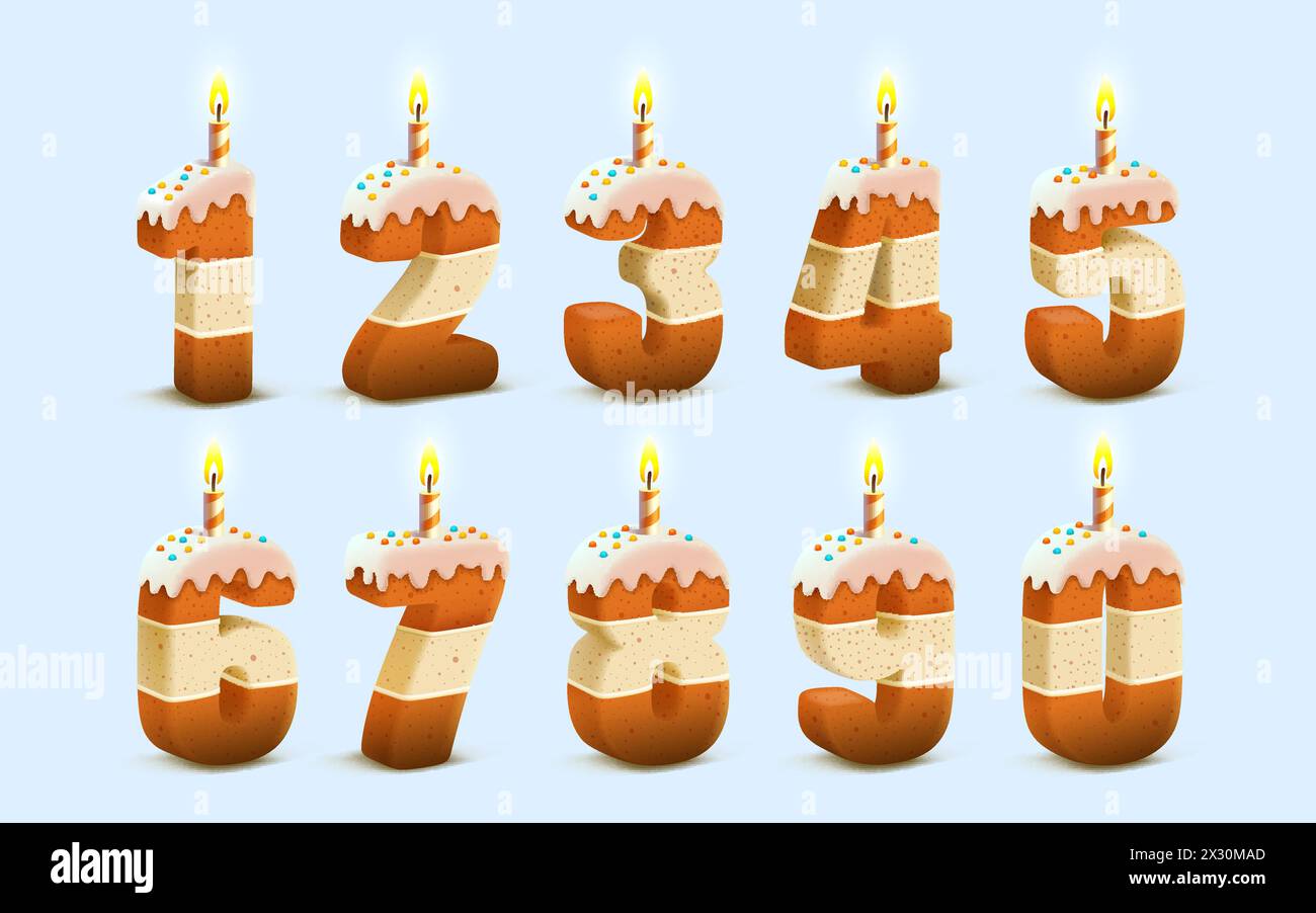 Buon compleanno, anniversario del compleanno della persona, candela con torta a forma di numero, set Collection. Vettore Illustrazione Vettoriale